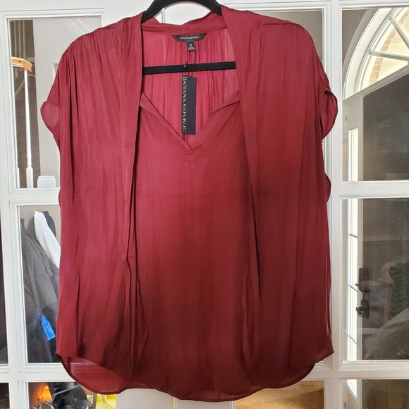Banana Republic Tops - NWT Banana Republic Burgundy Satin Tie Front V-Neck Cap-Sleeve Blouse - XL